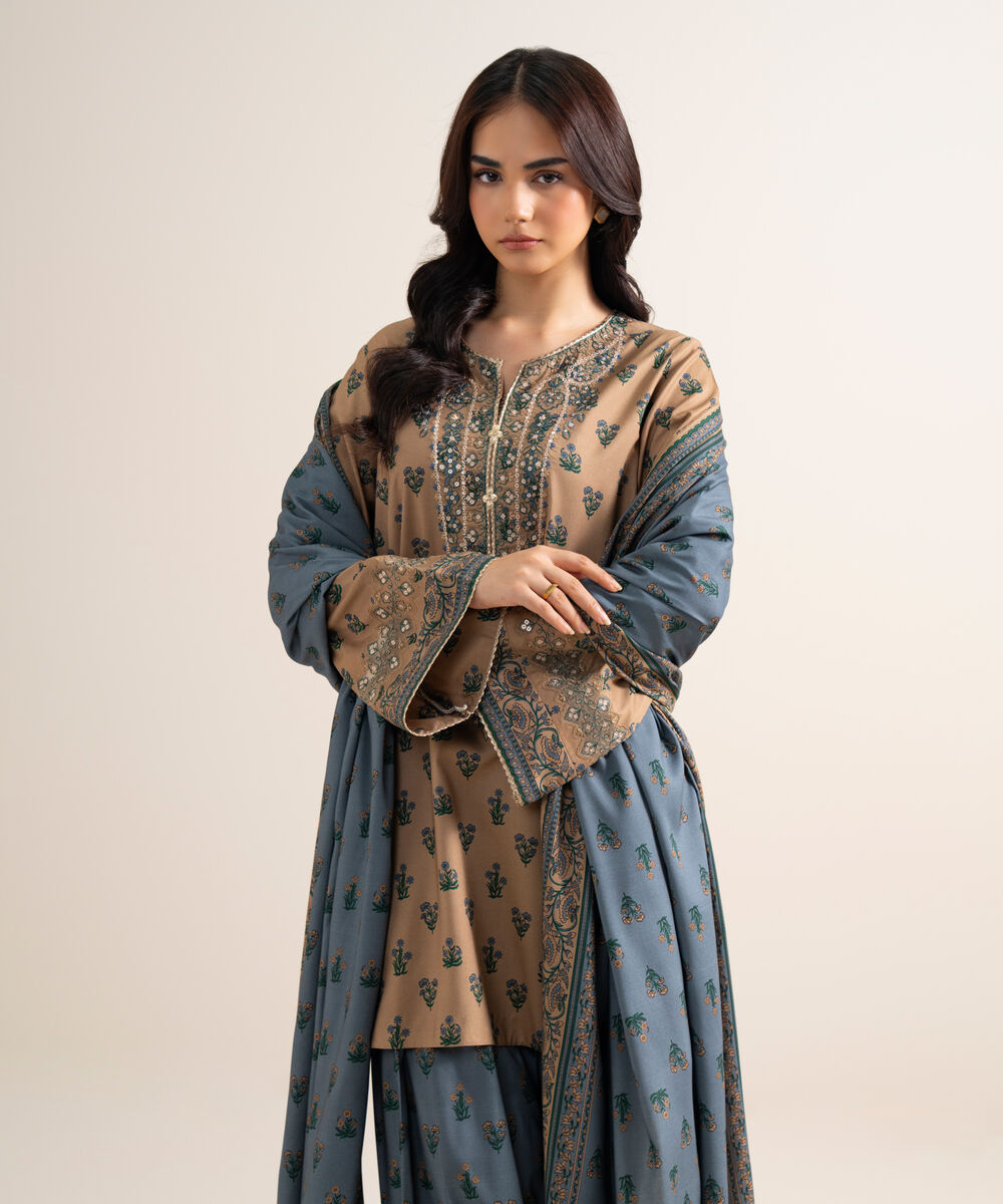 Women's Unstitched Embroidered Linen Beige 3 Piece Suit