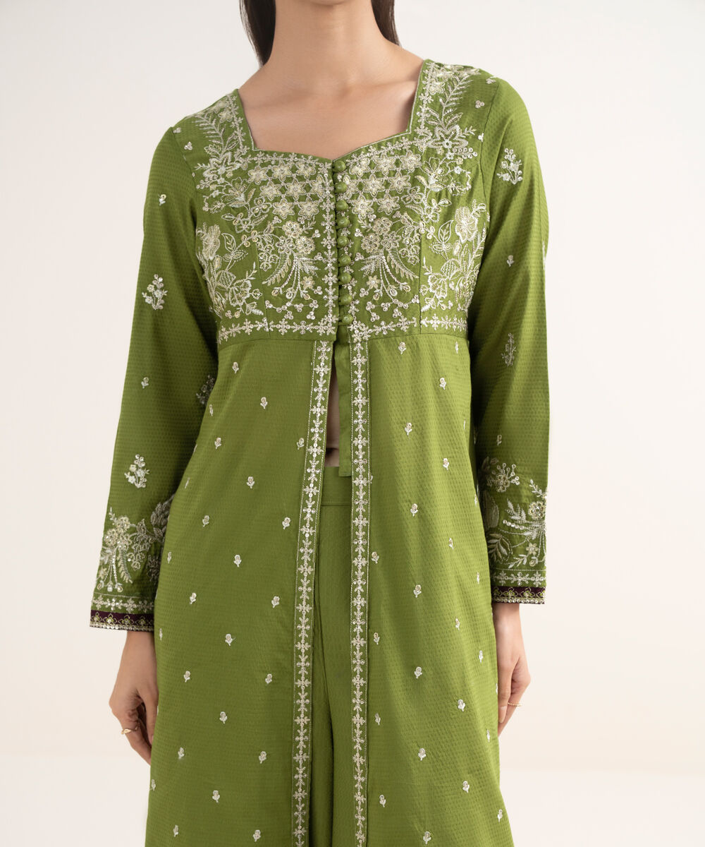 Women's RTW Textured Cotton Embroidered A-Line Green Shirt