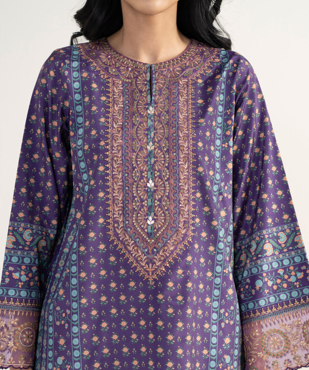 Women's Unstitched Blended Grip Silk Embroidered Purple 3 Piece Suit