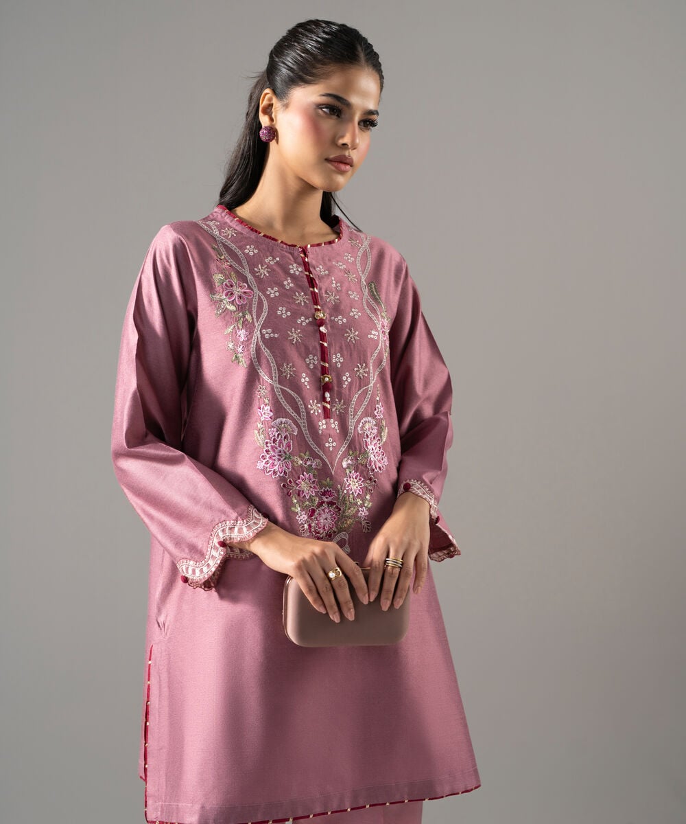 Women's RTW Cotton Net Solid Embroidered Pink 2 Piece Suit