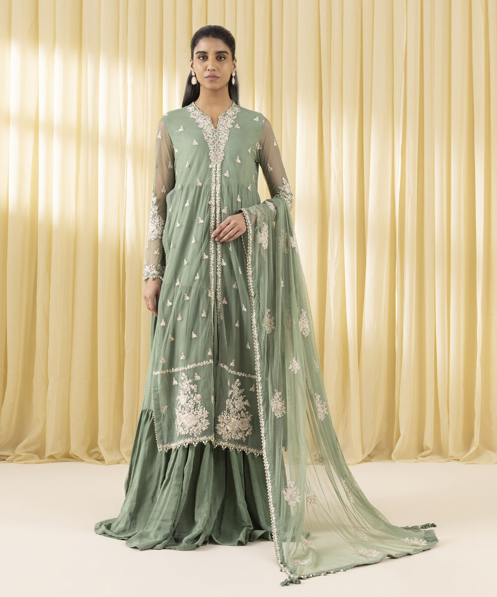Unstitched Women's Green Blended Net 3 Piece Suit
