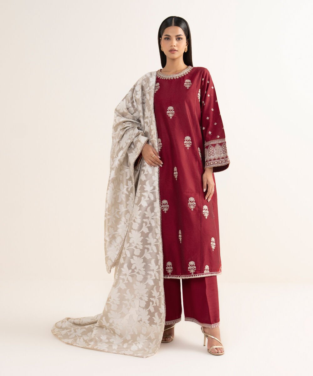 Women's RTW Silk Cotton Net Red Embroidered 3 Piece Suit