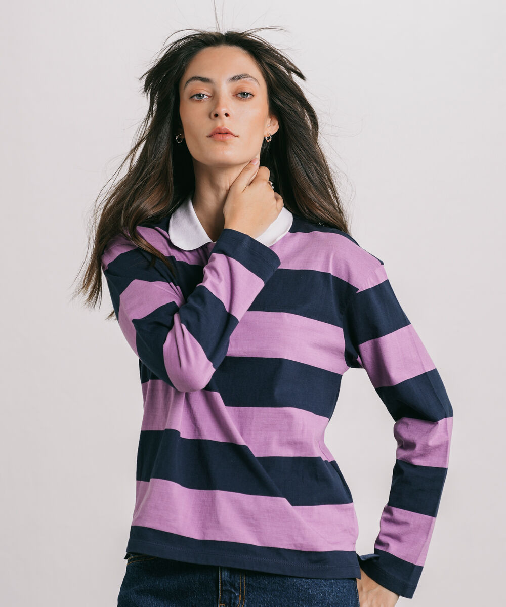 Women's Western Wear Purple Striped Rugby Polo Shirt
