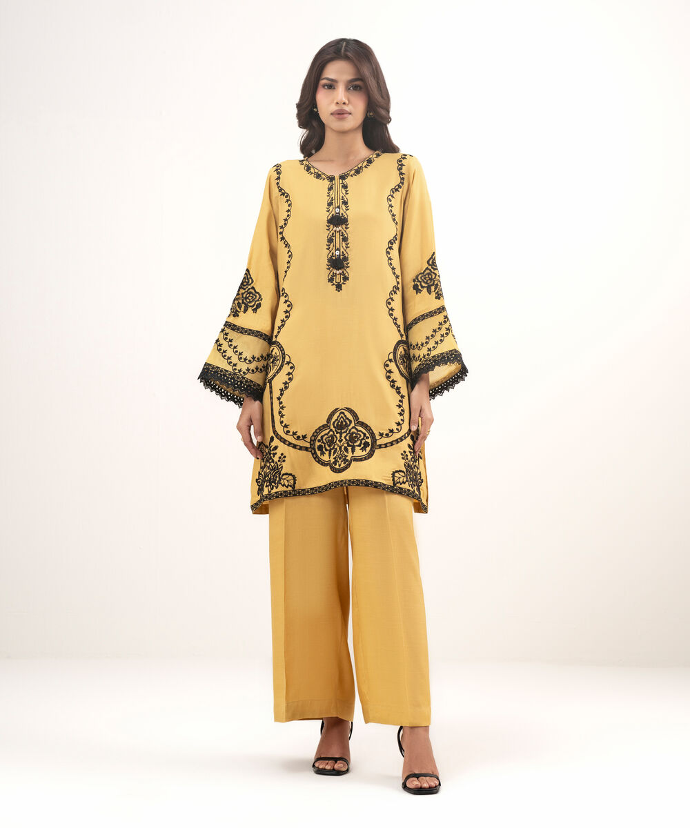Women's RTW Viscose Raw Silk Embroidered Mustard 2 Piece Suit