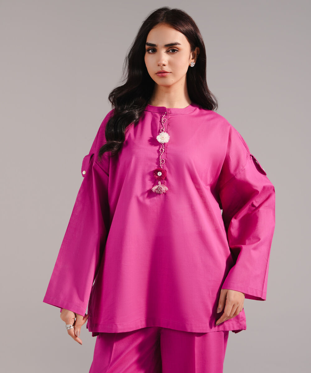 Women's RTW Crosshatch Solid Pink Drop Shoulder Shirt