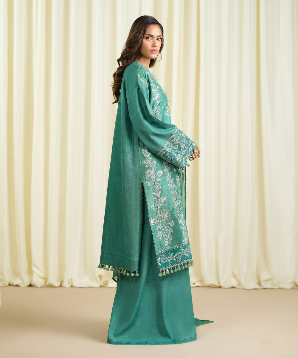 Women's Unstitched Raw Silk Embroidered Green 3 Piece Suit