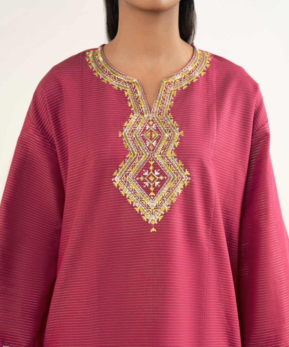 Women's RTW Light Khaddar Embroidered Pink Drop Shoulder Shirt