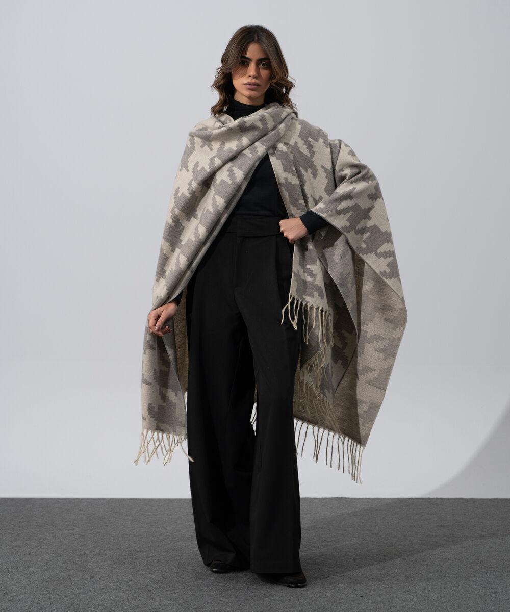 Women's Western Wear Beige Polyester Houndstooth Cape Shawl