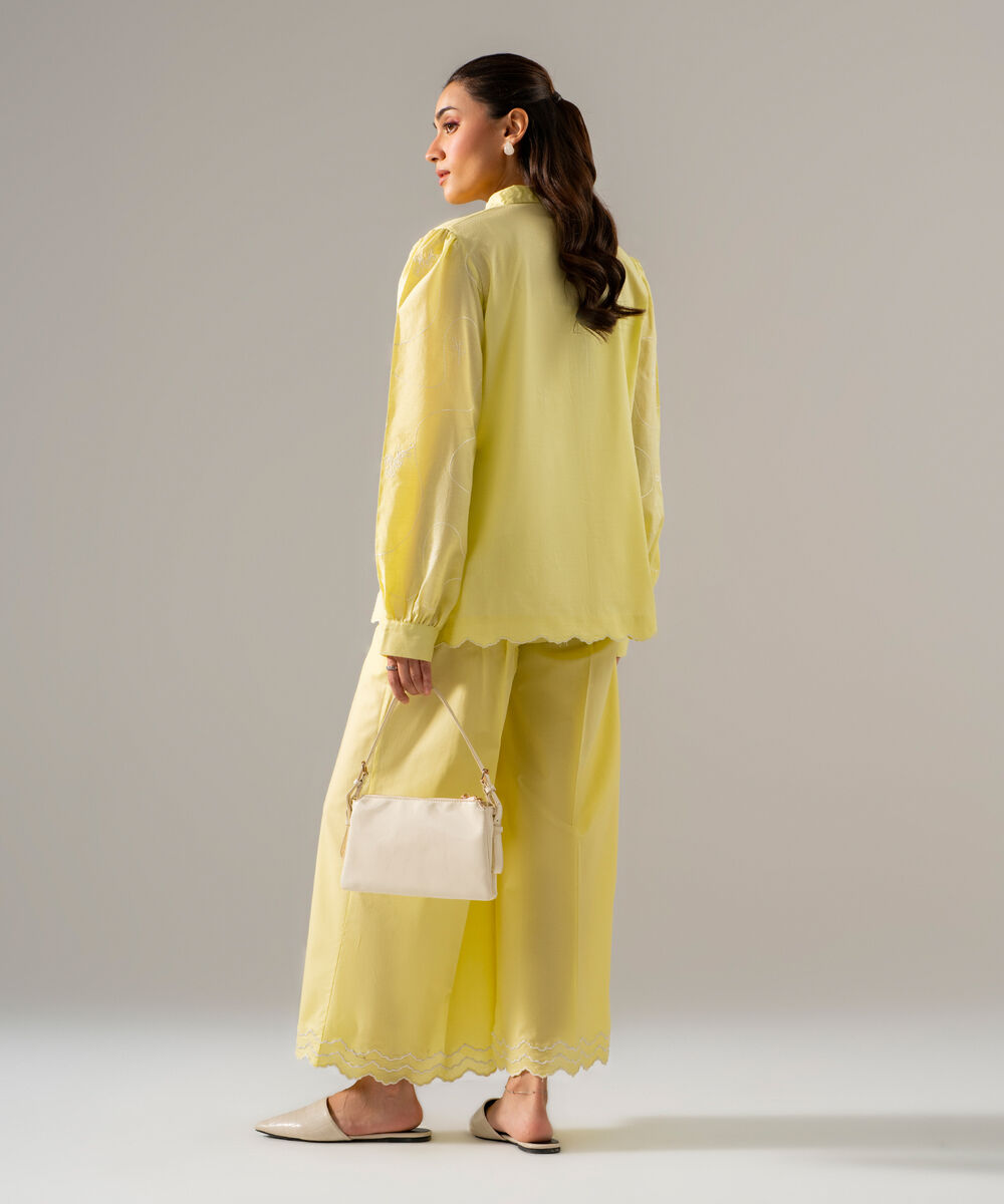Women's RTW Dobby Solid Embroidered Pale Yellow 2 Piece Suit