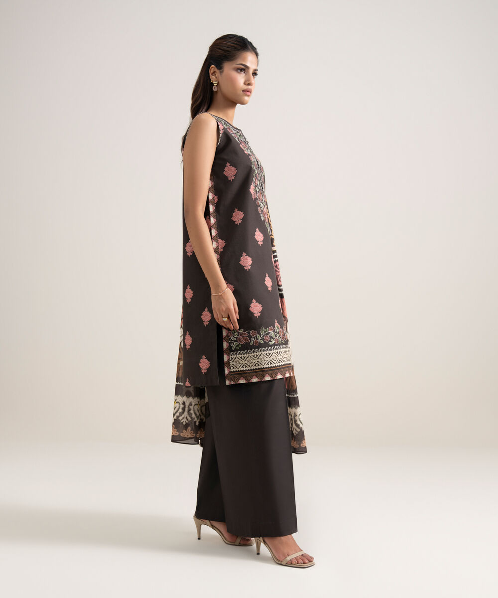 Women's Unstitched Lawn Embroidered Brown 3 Piece Suit