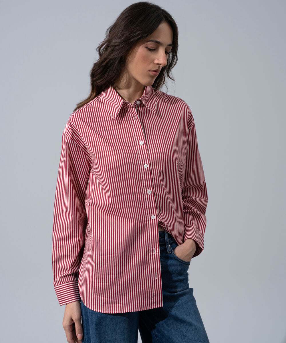 Women's Western Wear Red And White Cotton Striped Button-Up Shirt