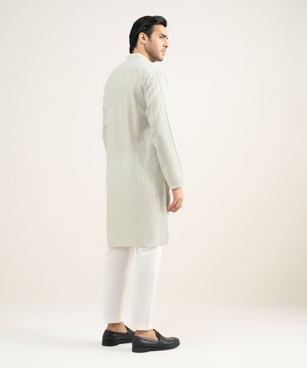 Men's Stitched Leno Jacquard Ash White Kurta