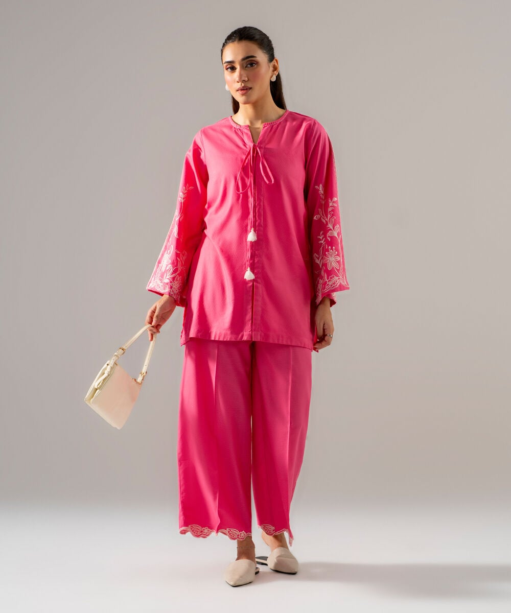 Women's RTW Dobby Solid Embroidered Pink 2 Piece Suit