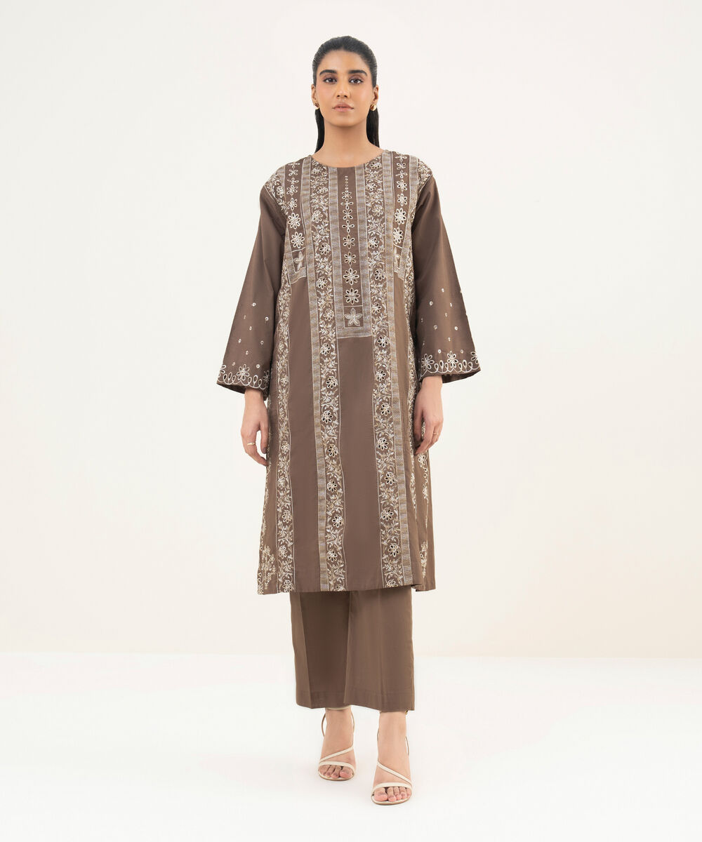 Women's RTW Cross Hatch Brown Embroidered A-Line Shirt