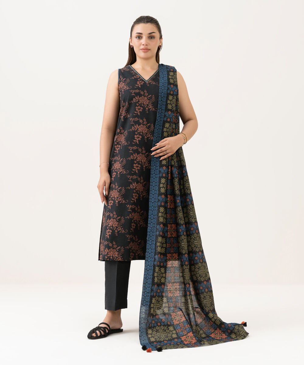 Women's Unstitched Khaddar Printed Black 3 Piece Suit