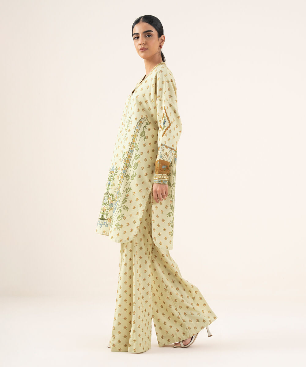 Women's Unstitched Viscose Khaddar Printed Beige 2 Piece Suit