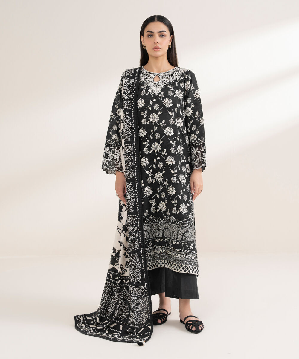Women's RTW Khaddar Embroidered Black 3 Piece Suit