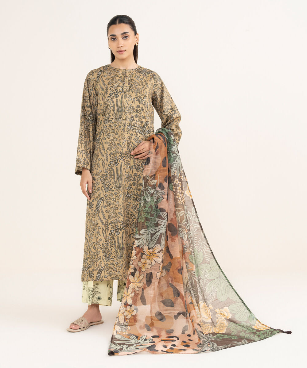 Women's RTW Viscose Lawn Beige Printed Straight Shirt