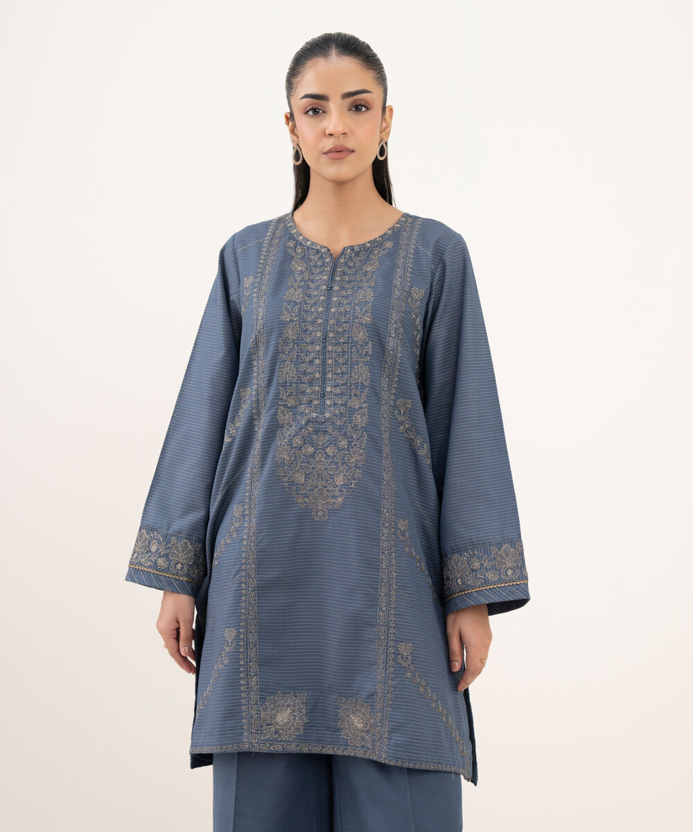 Women's RTW Zari Cotton Embroidered Straight Blue Shirt