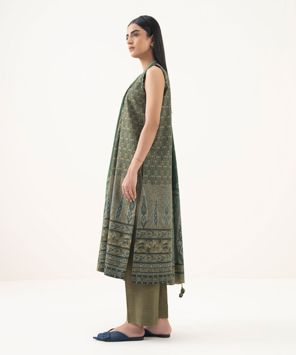 Women's Unstitched Light Khaddar Printed Green 3 Piece Suit