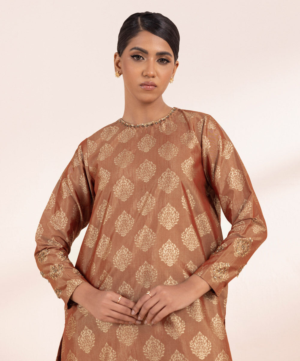 Woman - Brown Embellished Jacquard Shirt