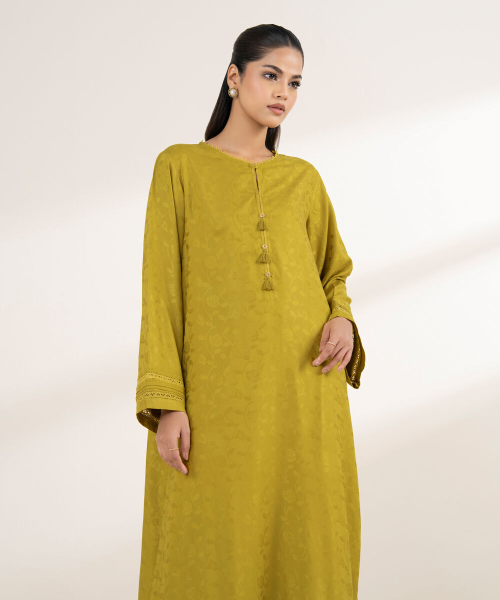 Women's RTW Arabic Self Jacquard Yellow Solid A-Line Shirt