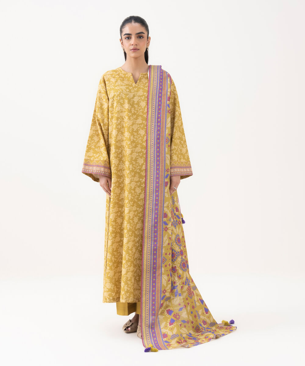Women's Unstitched Light Khaddar Printed Yellow 3 Piece Suit