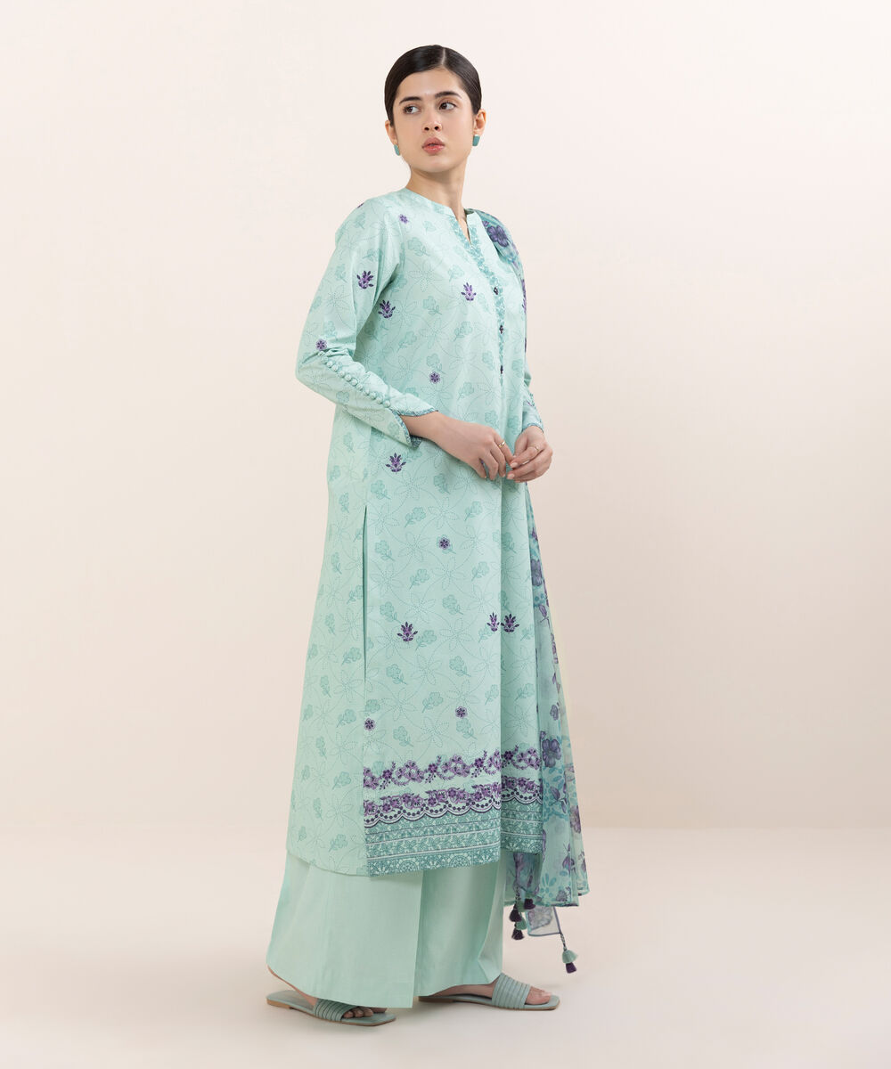 Women's Unstitched Cotton Embroidered Aqua Three Piece Suit