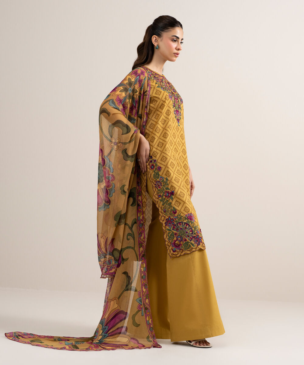 Women's Unstitched Lawn Embroidered Yellow 3 Piece Suit