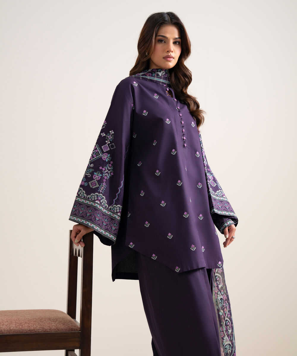 Women's Unstitched Embroidered Cotton Purple 3 Piece Suit