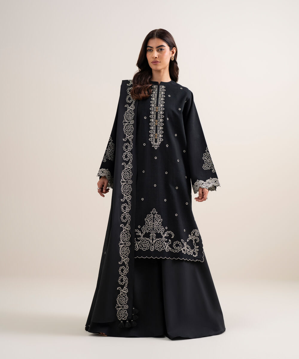 Women's Unstitched Dobby Embroidered Black 3 Piece Suit