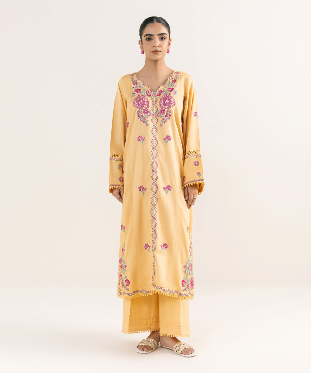 Women's RTW Cotton Satin Orange Embroidered A-Line Shirt