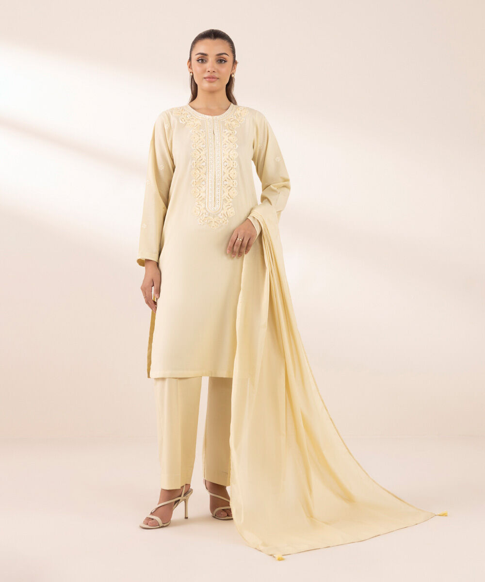 Women's RTW Dobby Beige Embroidered A-Line Shirt