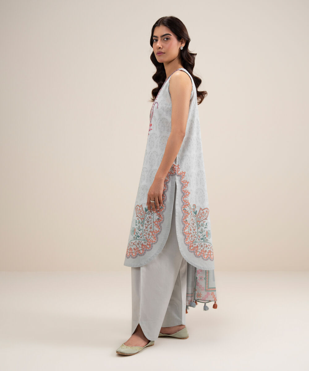Women's Unstitched Lawn Embroidered Light Grey 3 Piece Suit