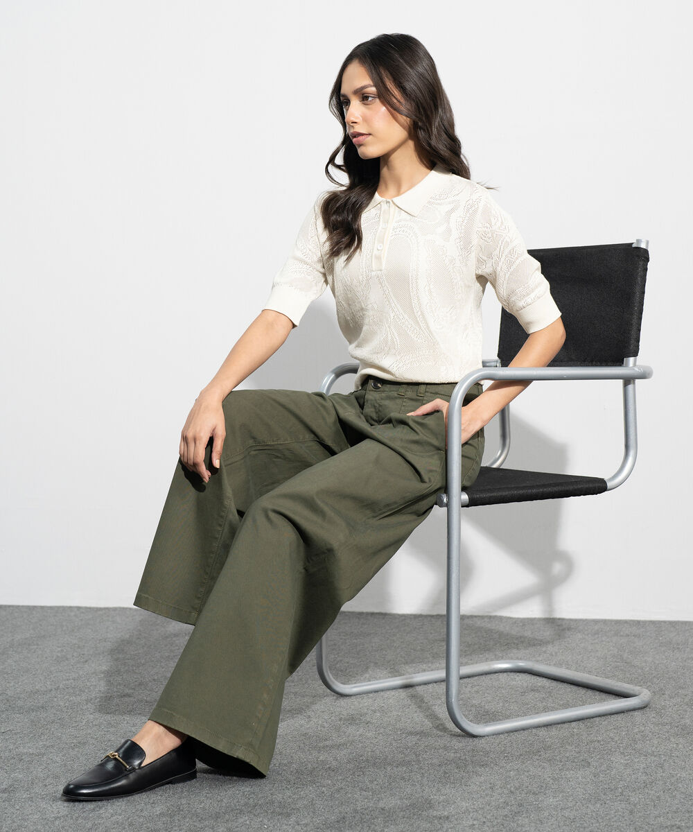 Women's Western Offwhite Pointelle Summer Knit Polo Top