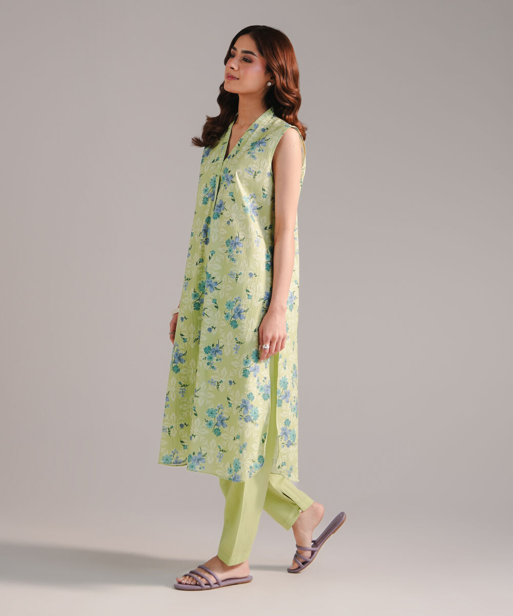 Women's RTW Seersucker Printed Green 2 Piece Suit