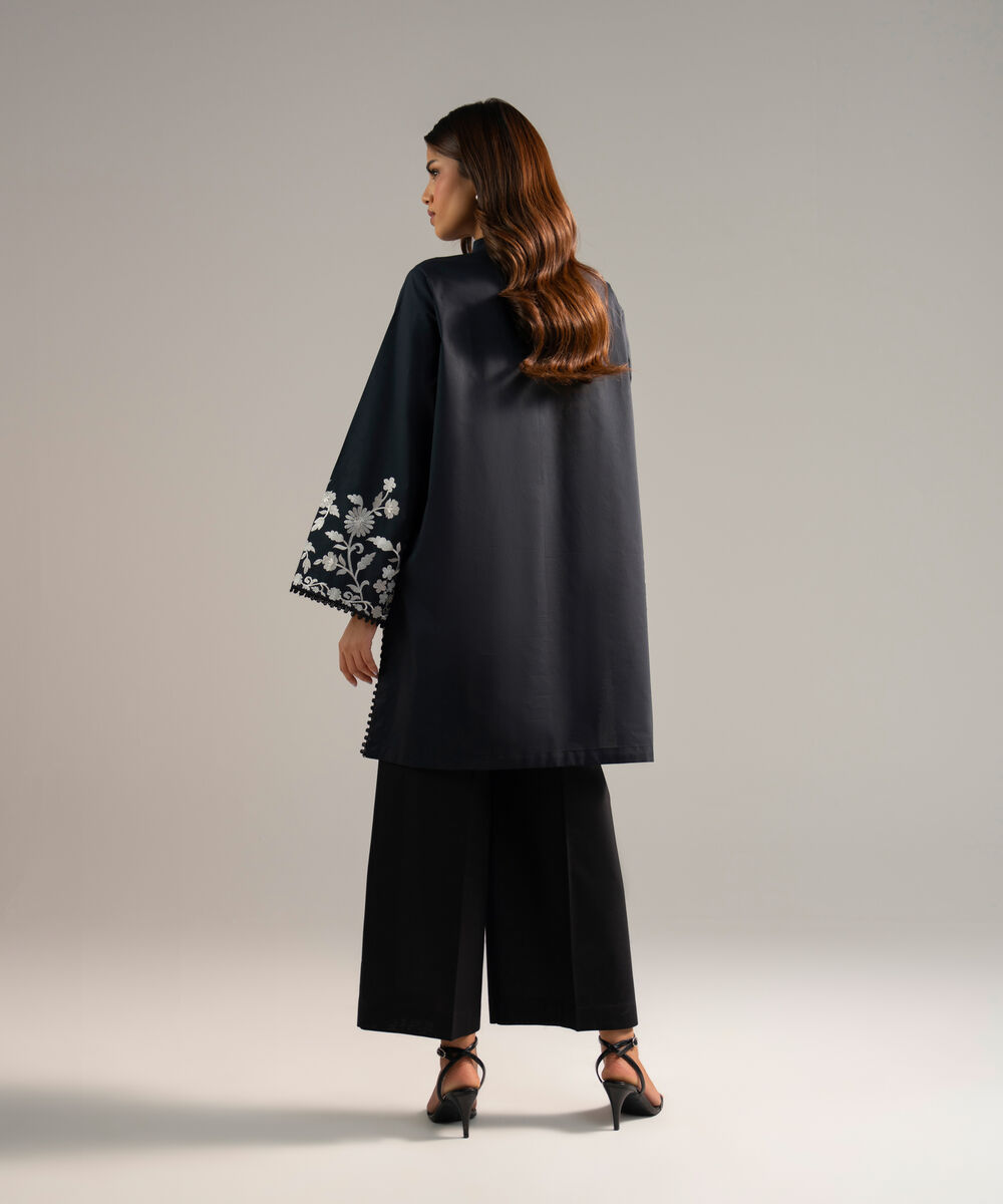 Women's RTW Poplin Embroidered Black Straight Shirt