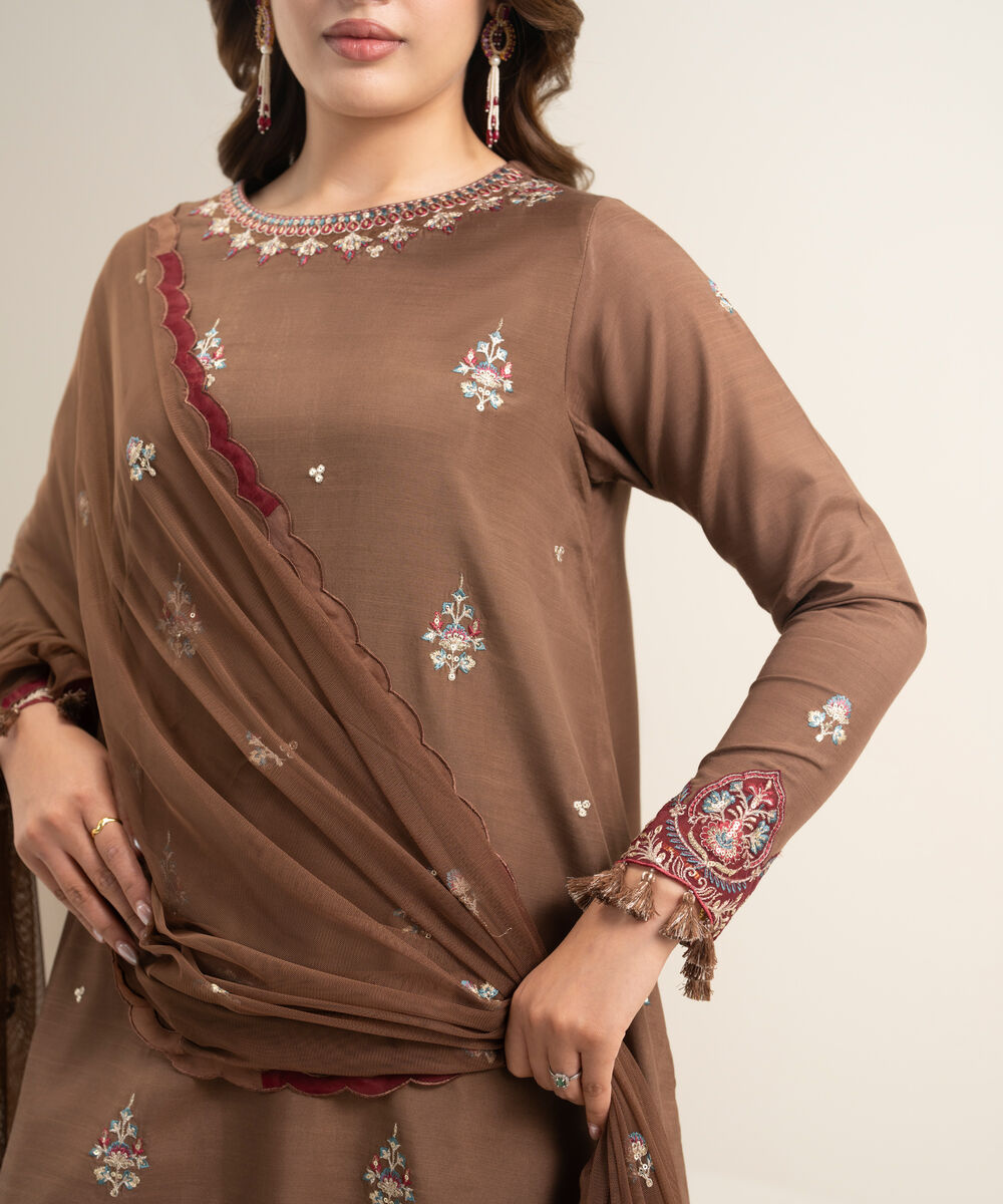 Women's Unstitched Viscose Raw Silk Embroidered Brown 3 Piece Suit