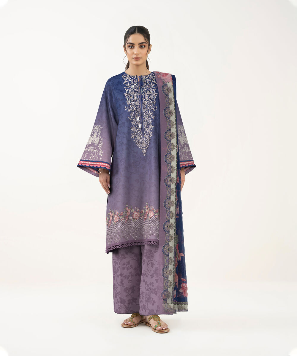 Women's Unstitched Lawn Blue and Mauve Embroidered 3 Piece Suit