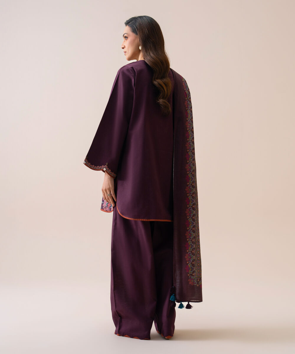 Women's Unstitched Light Khaddar Embroidered Plum 3 Piece Suit