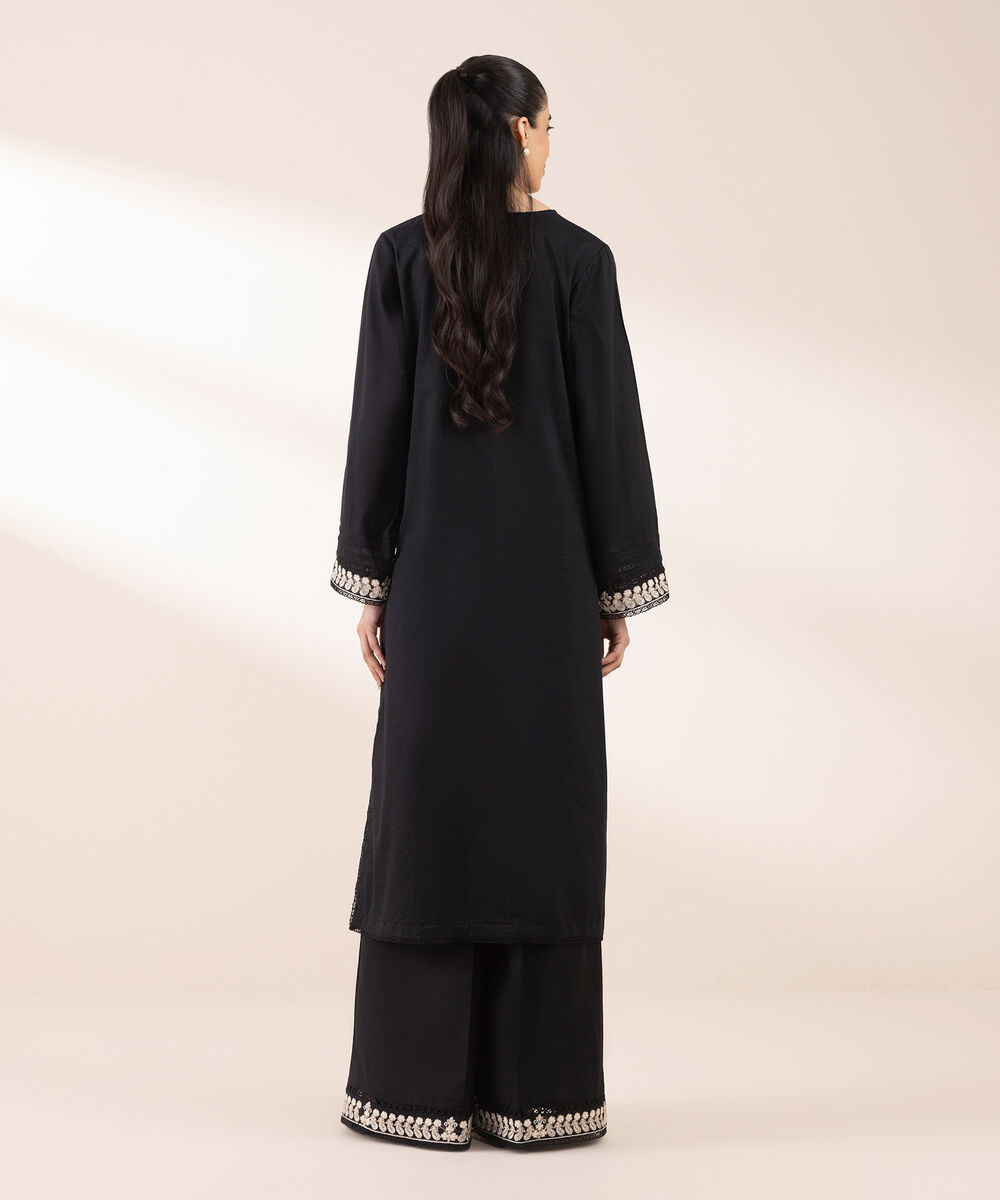 Women's RTW Dobby Black Embroidered A-Line Shirt