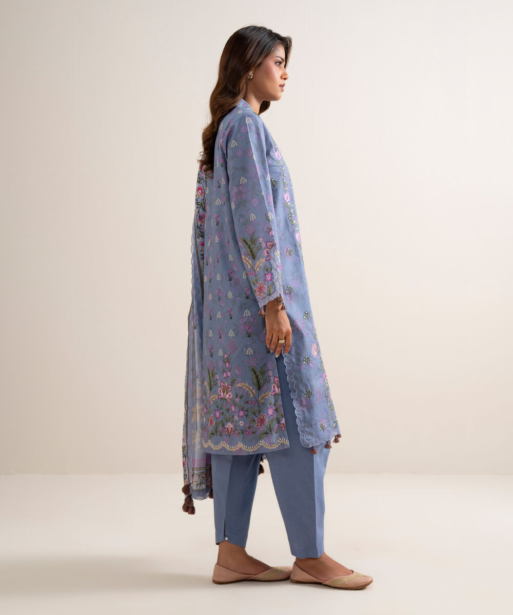 Women's Unstitched Lawn Embroidered Blue 3 Piece Suit