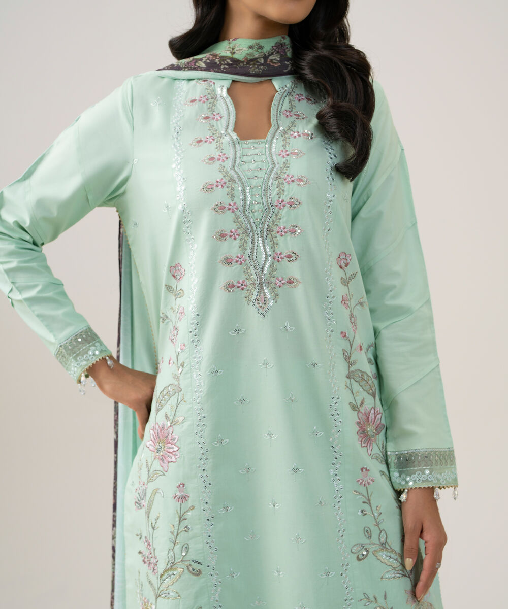 Women's Unstitched Bemberg Tissue Embroidered Mint Green 3 Piece Suit