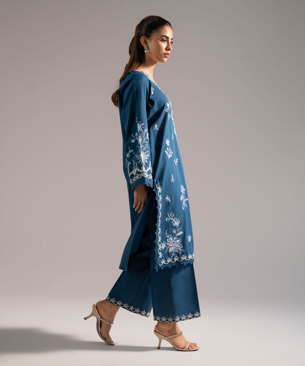 Women's RTW Cambric Embroidered Teal 2 Piece Suit