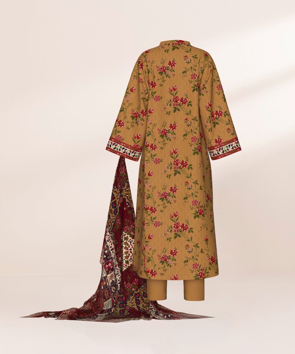 Women's Three Piece Printed Mustard Lawn Suit