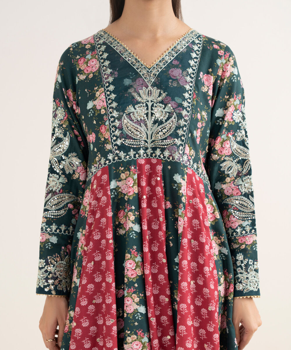 Women's RTW Textured Viscose Embroidered Dark Green 3 Piece Suit