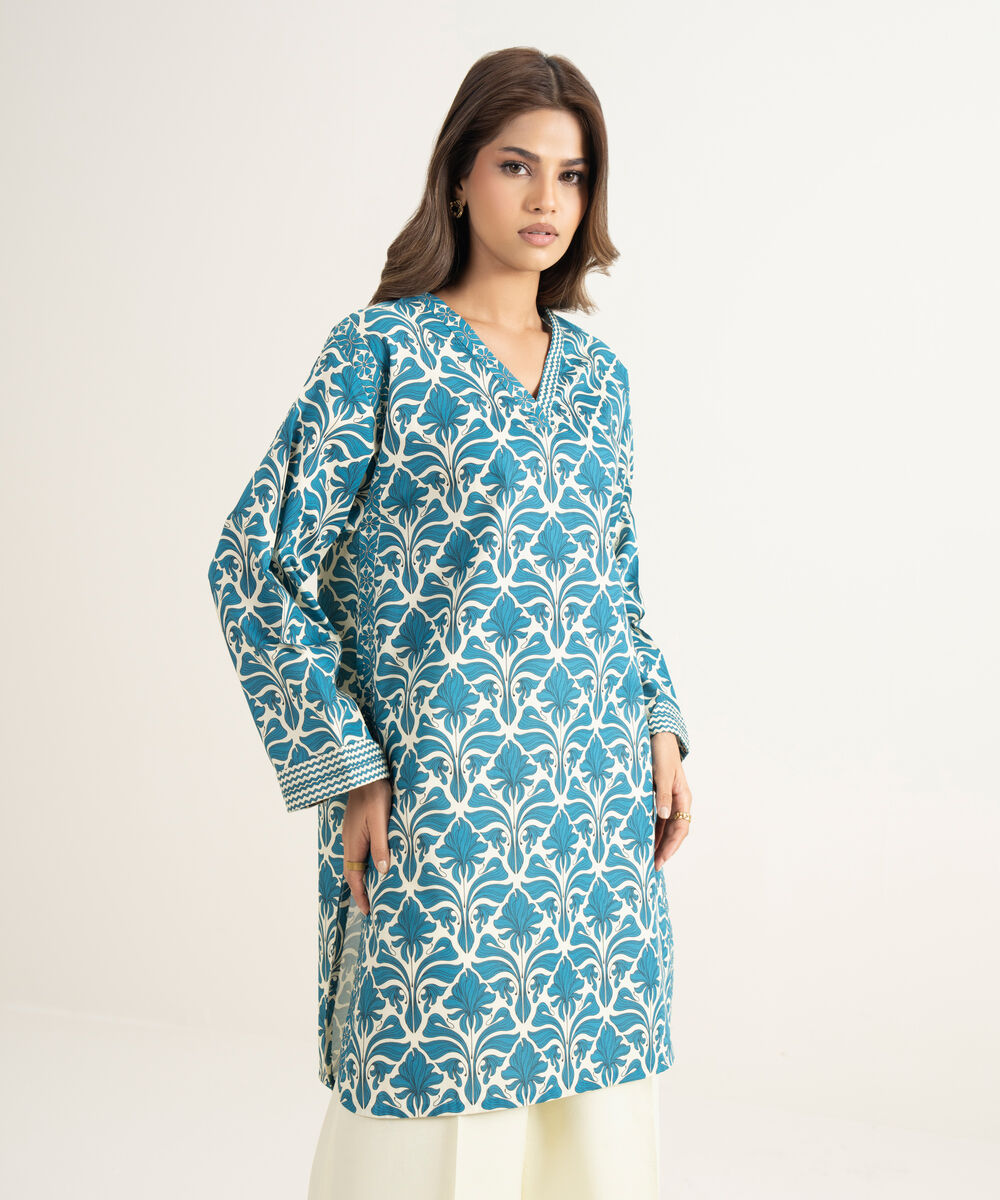 Women's Unstitched Lawn Printed Blue Shirt