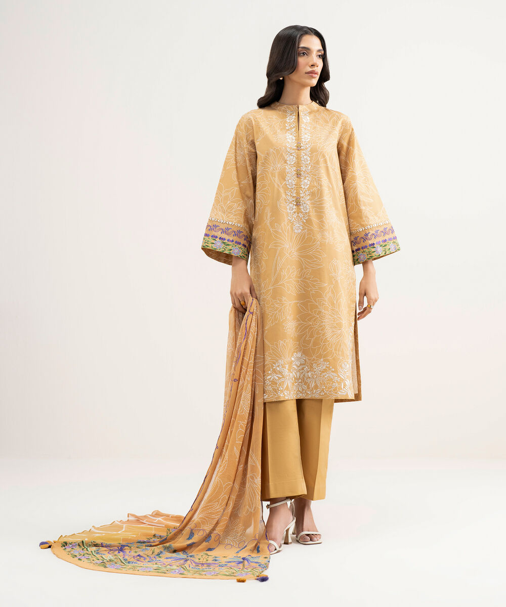 Women's Unstitched Lawn Embroidered Orange 3 Piece Suit