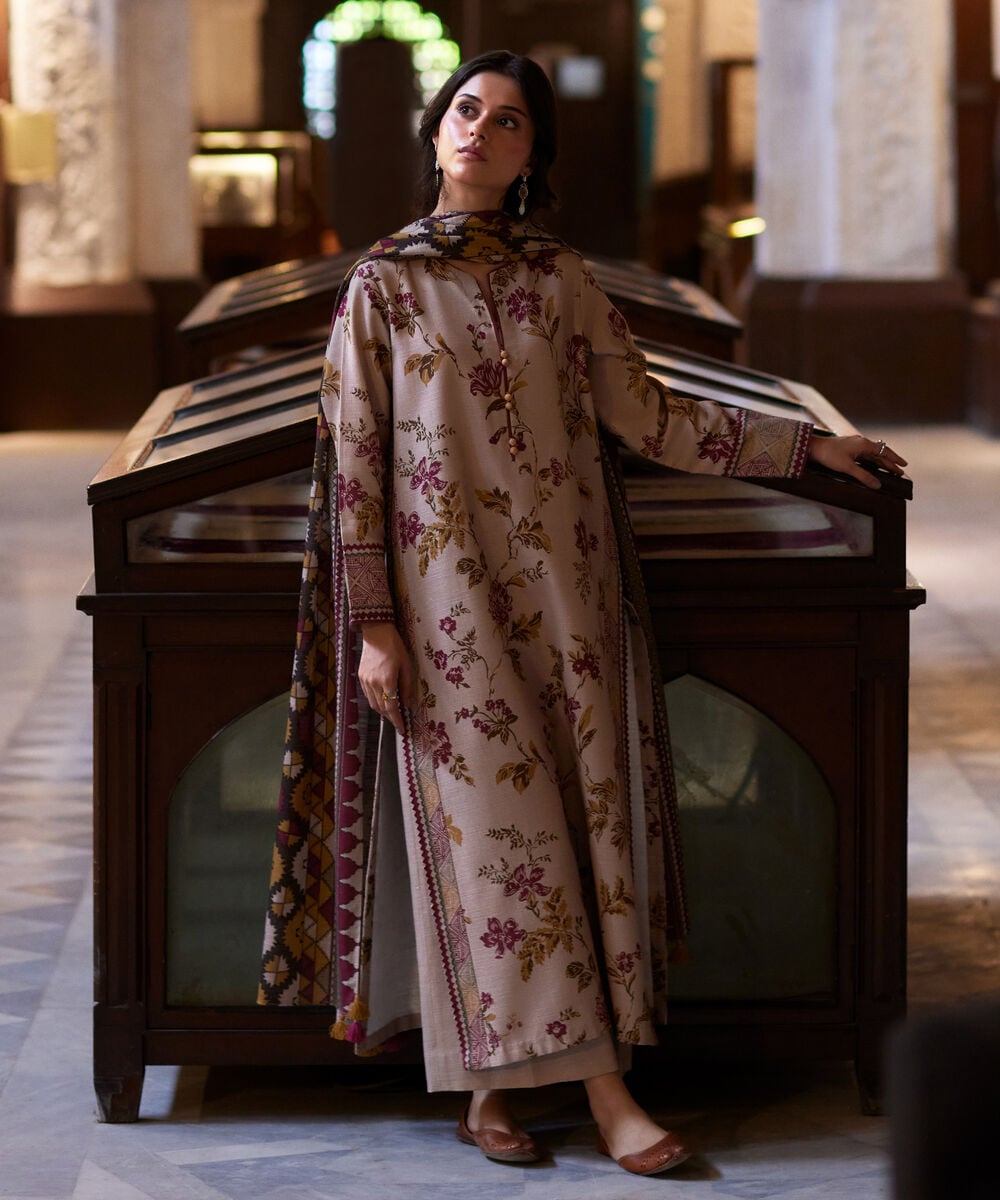 Women's Unstitched Premium Khaddar Printed Beige 3 Piece Suit