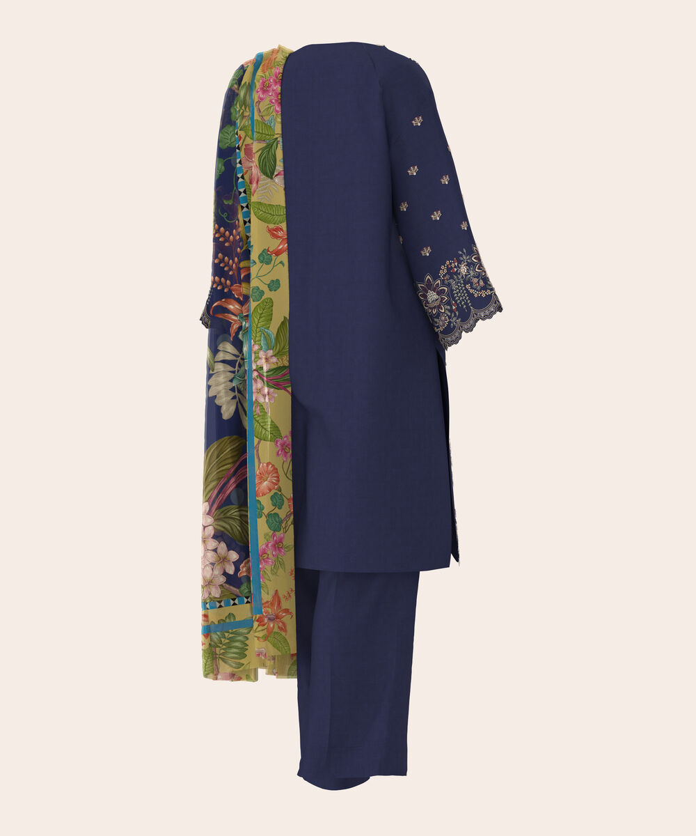 Women's Unstitched Self Jacquard Blue  Embroidered 3 Piece Suit
